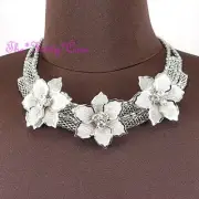 Silver Deco Metal Trio Lacey Mesh Floral Flower Garland Crystal Collar Necklace