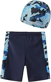 [KEOYA] Kid Boys Swim Trunks Quick Dry Swimwear Slim Square Leg Swim Shorts Athletic Swim Briefs with Swim Cap