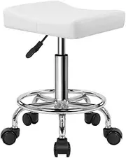 Square Rolling Stool PU Leather Height Adjustable Swivel Massage SPA Salon Stools Task Chair with Footrest (White)