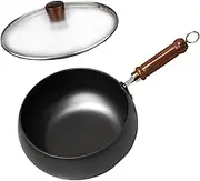 Uncoated Iron Pan, 9.45 Inch Hand-Forged Non-Stick Iron Pan Without Coating, Durable and Rust-Free, for Cooker Gas Stir Fry Panswith Lid (Glass Cover,28cm/11inch)