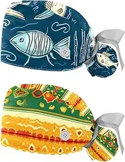 [YTYVAGT] 2-Pc,Nurse Scrub Caps,Scrub Hats with Buttons and Cotton Sweatband,Anchor Walrus Fish Ocean