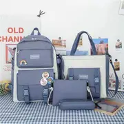 Set Of 4: Canvas Backpack + Shoulder Bag + Pencil Case + Pouch Blue - One Size