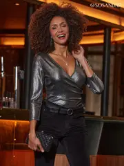 Sosandar Metallic Petite Metallic Wrap Top (AT6439) | $90