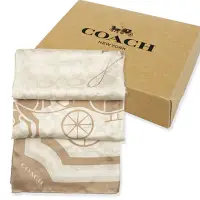 在飛比找Yahoo奇摩購物中心優惠-COACH 馬車LOGO100%蠶絲絲巾圍巾禮盒(咖金)