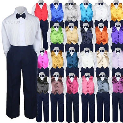 23 Color Vest Boy Baby Toddler Formal Tuxedo Suit 4pc Navy Bow Tie Pants sz S-7