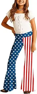 [Deerose] Girls Bell Bottom Floral Print Stretch Hippie Pants High Waist Flare Pants 5-14 Year