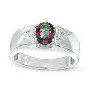 Men's Oval Mystic Fire« Topaz and Natural Diamond Accent Ring in Solid 10K White Gold