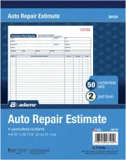 Auto Repair Estimate Book, 2-Part, Carbonless, White/Canary, 8-3/8 X 10-11/16 In