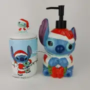 Disney Christmas Santa Stitch Soap Dispenser & Cotton Ball Qtip Pad Holder Jar