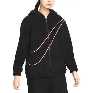 Nike 連帽外套 NSW Jacket 黑 桃紅 羊羔絨 螢光刺繡 保暖 女款【ACS】 FZ6536-010