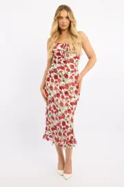 White Floral Midi Dress Bias Chiffon - Size 16XL, Women's Midi Dress