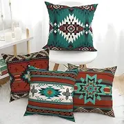 Western Native American Throw Pillow Covers 18X18 Southwestern Boho Aztec Navajo Turquoise Decorative Cushion Pillow Cases for Outdoor Home Decor Set of 4, Double Side Print