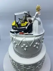 Funny Golfing Bride and Groom With Yellow Golf Cart Wedding cake topper