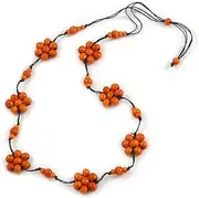 [Avalaya] Stunning Orange Wood Flower Black Cotton Cord Beaded Long Necklace - 90cm L, One Size, cords Wood