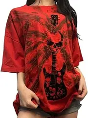 [Generic] Women Y2k Gothic Graphic Oversized T-Shirt Short Sleeve Crew Neck Shirt Baggy Tee Halloween Top Red