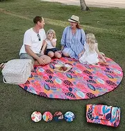 SUNDAYS LEISURE - Waterproof Picnic Blanket Extra Large - 2m - Foldable Picnic Outdoor Blanket - Round Waterproof Outdoor Mat - Great for Baby, Beach, Grass & Outside Family Fun - Cute Outdoor Rug