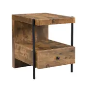 IHOMDEC Retro Metal Tube and Wood Side Table with Drawer Rustic Dark Brown