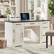 JXQTLINGMU Farmhouse 58" Executive Desk, Computer Desk with Drawers and Storage Cabinet, Workstation for Office Home, Off White