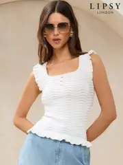 Lipsy Ivory Wave Stitch Frill Ruffle Shell Button Square Neck Knit Vest Top (AY0789) | $59