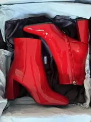 Prada Red Patent Leather Block Heel Ankle Women Boots 37