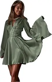 [Generic] Women Loose Sexy V-Neck Long Sleeve Mini Dresses Elegant Classic High Waist Dress