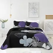 Purple Floral Quilt Set California King Size - 3 Pieces Purple Flower Pattern Coverlet Set, Soft Microfiber Quilted Bedspread for All Season with 2 Pillowcases All Seasons Cal King Bed Cover Set