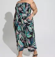 Torrid Crepe Midi Smocked Coverup Jumpsuit Womens 4 Tropical Summer Leaves