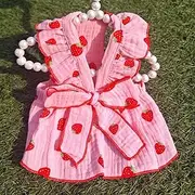Cream Strawberry Bow Skirt Pet Small Dog Teddy Bear Pomeranian Cat Dog (Pink yarn cream strawberry bow skirt)