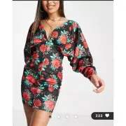 NWT ASOS DESIGN volume sleeve rose floral button bodycon mini dress size 2