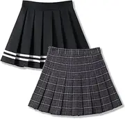 [Eleven's Kingdom] Little Big Girls Pleated Skirt with Short, Girls Uniform Skirt with Elastic Waist Mini Skirt Shorts for Girls 2-Pack Sets