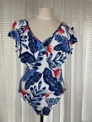 Tempt Me Swimsuit Size L Blue Floral V-Neck Pads Ruffle Flutter Sleeve 1-Piece