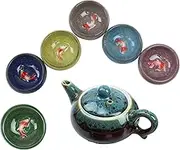 White Grey Traditional Porcelain Loose Leaf Chinese Teapot 6oz Set with 6 Unquie Small Tea Cup