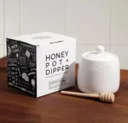 Bushwick Kitchen Honey Pot Jar + Wood Dipper ~ Ceramic Jar With Lid ~ NEW