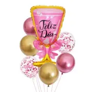 7 pc Set 33" Huge Wine Glass Feliz Dia +6 Latex Balloons Bridal Shower Party G-3