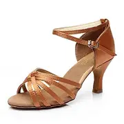 Women's Latin Dance Shoes – Tan Satin Strappy Ballroom Heels with Ankle Strap for Salsa, Bachata Practice