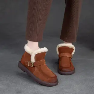 【Vecchio】真皮雪靴 短筒雪靴/真皮頭層牛皮保暖真毛內裡皮帶釦造型短筒雪靴(咖)