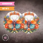 Set of 2 Monarch Butterfly Cup Coasters 4" - Polyester & Rubber, Absorbent