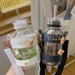 透明玻璃瓶帶吸管水壺高硼矽玻璃皮蓋杯套裝可保溫咖啡果汁瓶帶時間刻度