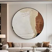 Handmade Circular Oil Painting Abstract Textured Pattern Surface With Geometric Details Modern Wall Art In Calming Ivory Beige Espresso Palette Ready To Hang A