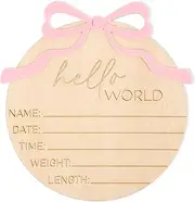 Hello World Bow Wooden Baby Announcement Sign - Baby Girl Birth Announcement,Personalized Baby Name Sign,Bow Birth Stats Sign Newborn Photo Prop,Welcome To The World Sign