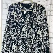 Sanctuary Black, White, & Blue Floral Print Lola Blouse, Tie Neck, Size Small