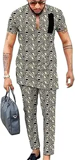[Sweejim] Men's V-Neck Tops+Trousers Block Wax Colorful Print Male Pant Suits Wedding Party Garment
