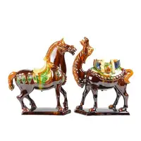 在飛比找Yahoo!奇摩拍賣優惠-下殺 洛陽唐三彩對馬駝 絲綢之路工藝品擺件 陶瓷駱駝中西交