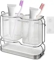 Toothbrush Holders for Bathrooms, Toothbrush Holders with Drain Tray, 2 Cups Tooth Brushing Holder, Bathroom Organizers (Silver+Transparent, One Size)