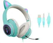 Gaming headset with cat ears and microphone, stereo, with flashing lights and green color