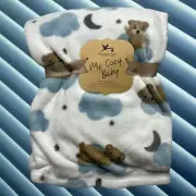NEW Bears Clouds Moons Stars Plush Baby Blanket Toddler Blue My Cozy Adirondack