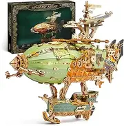 LED 3D Wood Puzzle Fantasy Airship Model - Steampunk DIY Craft Kit with LED Lights – Intricate Wooden Airship Model Building Set for Teens and Adults (Green)