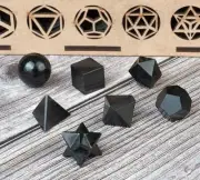 Black Tourmaline 7Pcs Sacred Geometry Set Platonic Solids with Wooden Box15-20MM