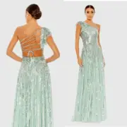 Mac Duggal #5565 Sequined One Shoulder Flutter Sleeve A Line Gown Glass Green 4