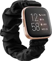[Tobpob] Adjustable Elastic Scrunchie for Fitbit Versa 2 bands, band,Versa Lite/SE band, Soft Stretchy Cloth Pattern Printed Fabric Women Girls Men Scrunchy Wristbands 2, Small Large, Black